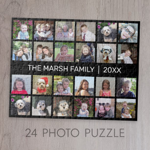 24 Photo Collage with Family Name Date - black Jigsaw Puzzle