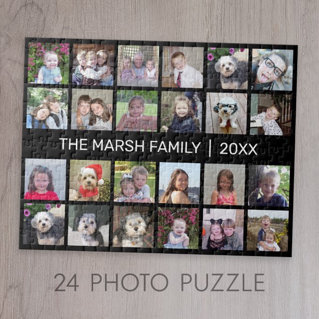 24 Photo Collage with Family Name Date - black Jigsaw Puzzle (24 Photo Personalized Jigsaw Puzzle)