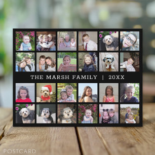 24 Photo Collage with Family Name Date - black Postcard