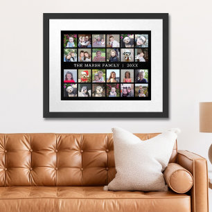 24 Photo Collage with Family Name Date - black Poster