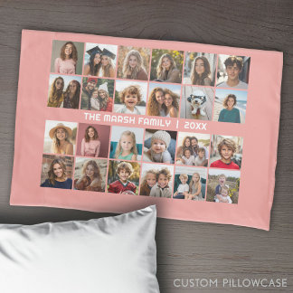 24 Photo Collage with Family Name Date - coral Pillowcase