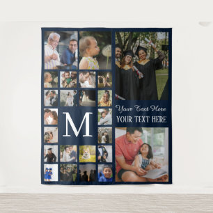 24 Photo Family or Collage With Text Navy Blue  Tapestry