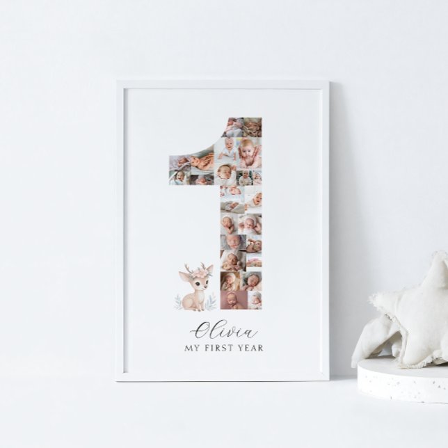 24 Photos 1st Birthday Fawn Photo Collage Poster (Creator Uploaded)