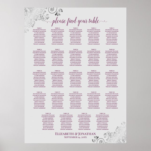 24 Table Cassis Purple Gray Wedding Seating Chart (Front)