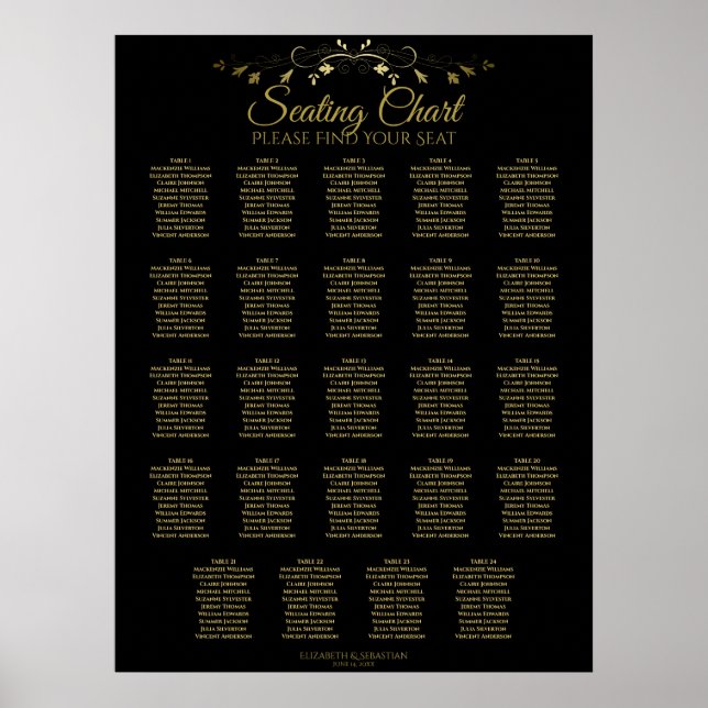 24 Table Chic Gold & Black Wedding Seating Chart (Front)