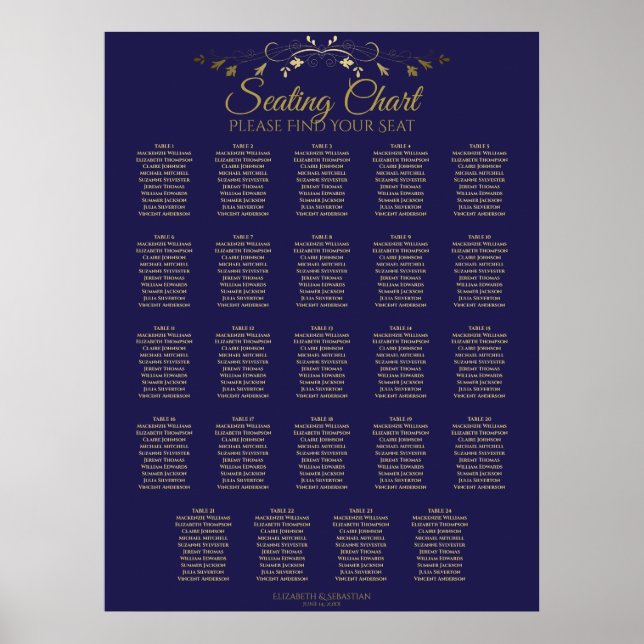 24 Table Chic Gold & Navy Wedding Seating Chart (Front)