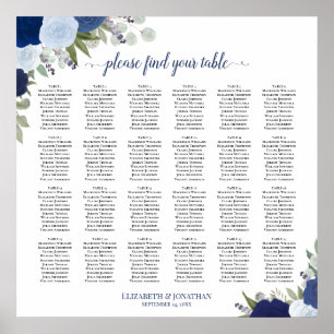 24 Table Elegant Blue Roses Wedding Seating Chart