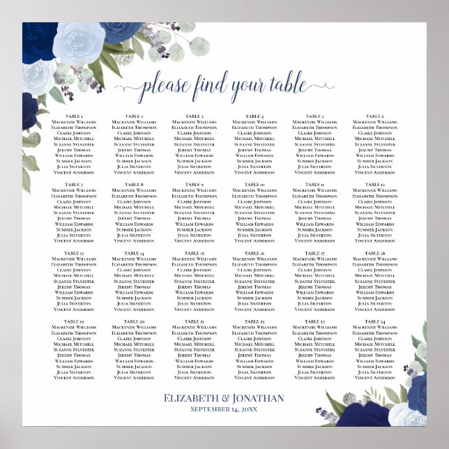 24 Table Elegant Blue Roses Wedding Seating Chart (Front)