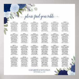 24 Table Elegant Blue Roses Wedding Seating Chart