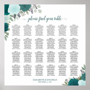24 Table Elegant Teal Roses Wedding Seating Chart