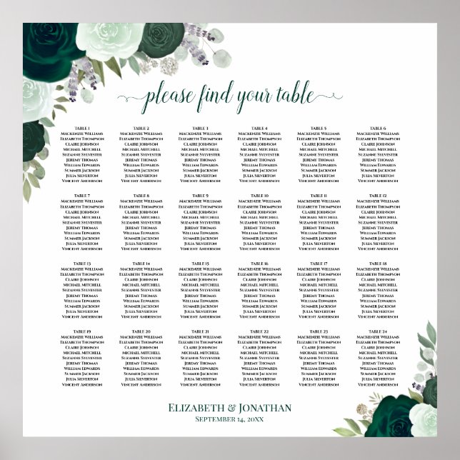 24 Table Emerald Boho Roses Wedding Seating Chart (Front)