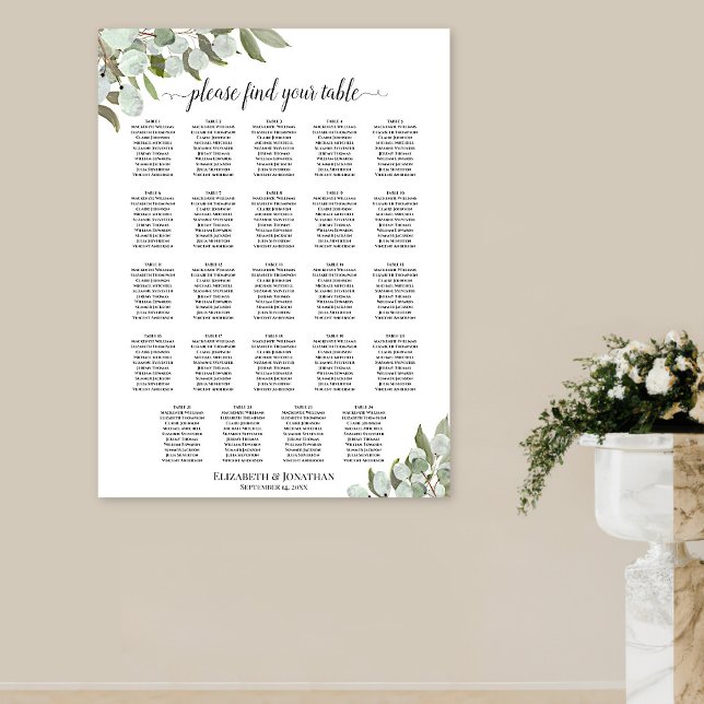 24 Table Eucalyptus Foliage Wedding Seating Chart (On Wall in situ)