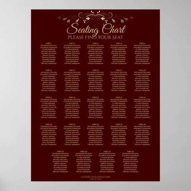 24 Table Gold & Auburn Brown Wedding Seating Chart (Front)