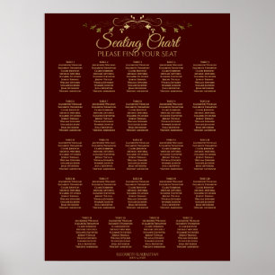 24 Table Gold & Burgundy Wedding Seating Chart