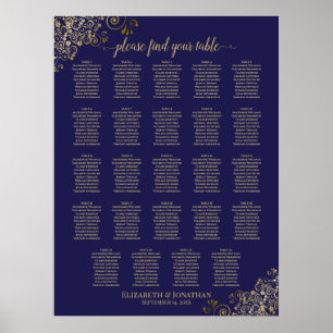 24 Table Gold Navy Blue Chic Wedding Seating Chart