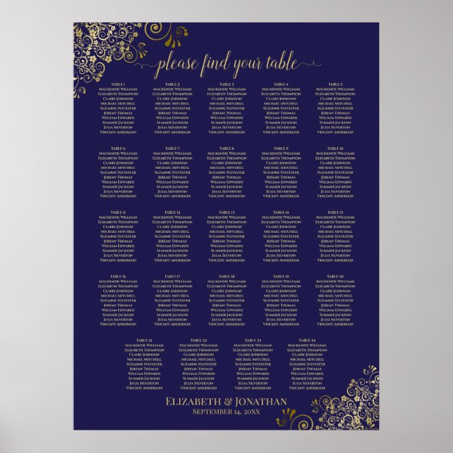 24 Table Gold Navy Blue Chic Wedding Seating Chart (Front)