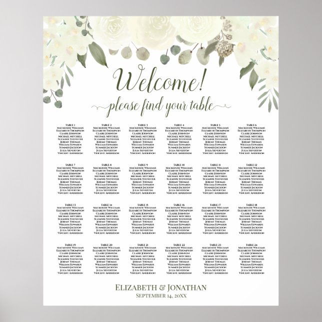 24 Table Ivory White Roses Wedding Seating Chart (Front)