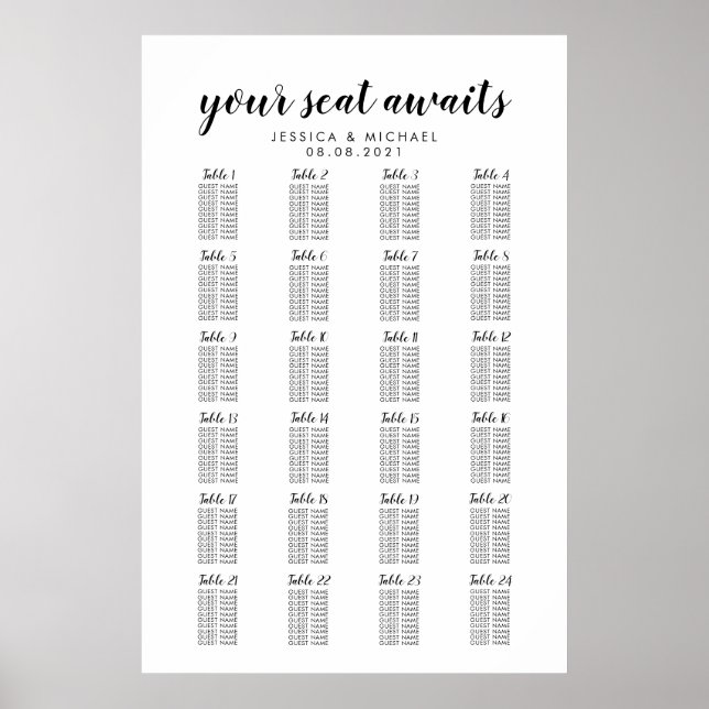 24 Table Large Wedding Guest Seating Chart (Front)