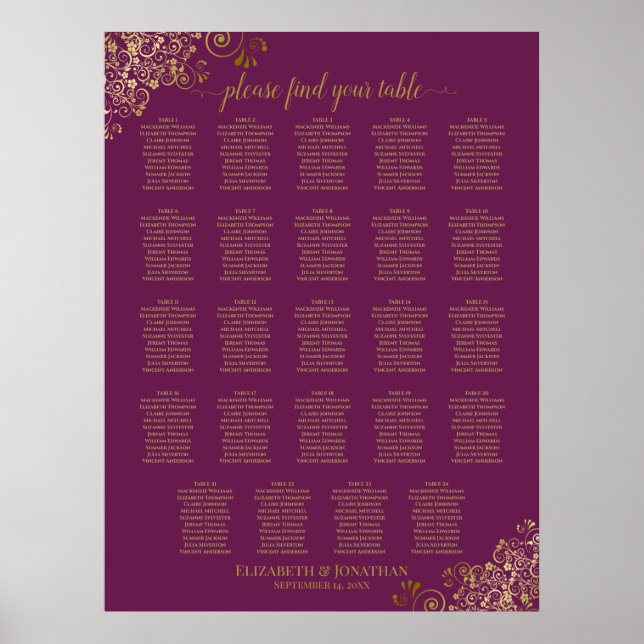 24 Table Magenta Plum & Gold Wedding Seating Chart (Front)
