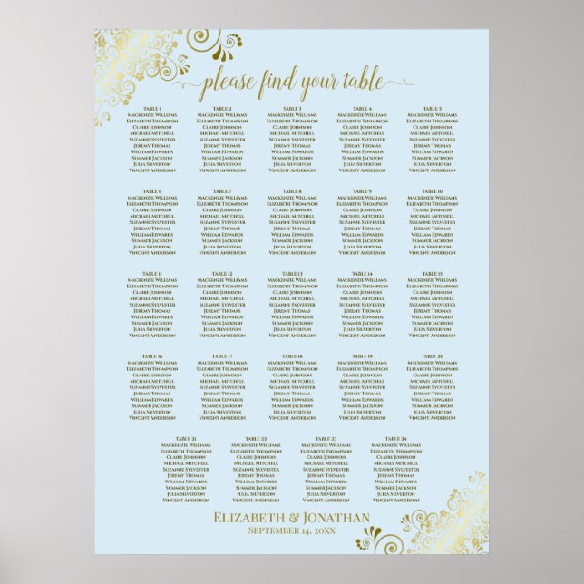 24 Table Powder Blue & Gold Wedding Seating Chart (Front)