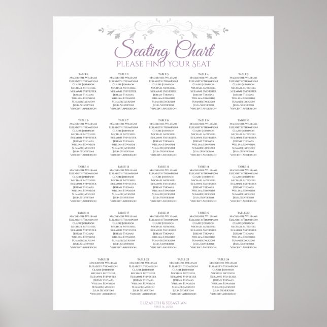 24 Table Purple & Grey Wedding Seating Chart (Front)