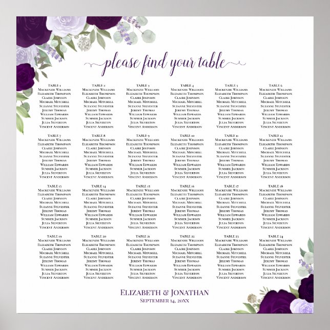 24 Table Rustic Purple Roses Wedding Seating Chart (Front)
