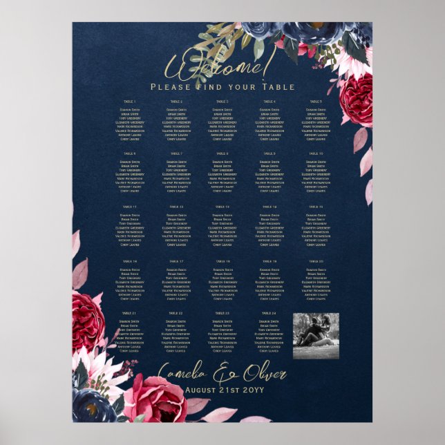 24 Table Seating Chart with Names, PHOTO Welcome (Front)
