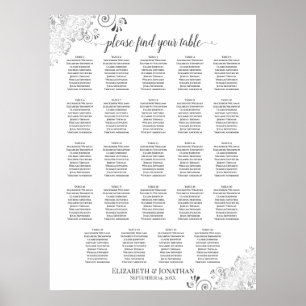 24 Table Silver & White Chic Wedding Seating Chart