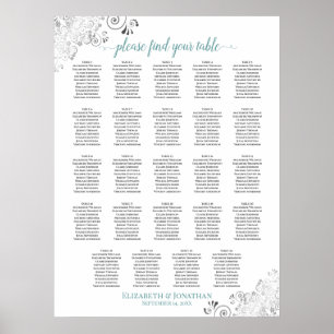 24 Table White & Teal Chic Wedding Seating Chart