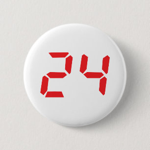 24 twenty-four red alarm clock digital number 6 cm round badge