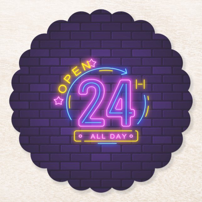 24Hr Open Neon Sign Templet  Paper Coaster (Front)
