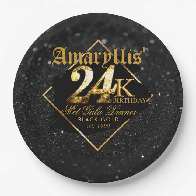 24K Black Glitter & Gold Elegant Birthday Paper Plate (Front)