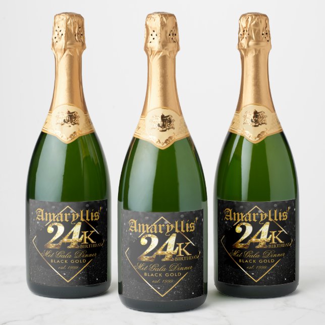 24K Black Glitter & Gold Elegant Birthday Sparkling Wine Label (Bottles)