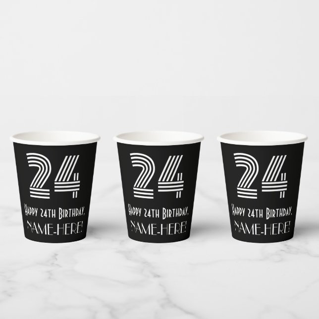 24th Birthday — Art Deco Inspired Look “24” + Name Paper Cups (Multi)
