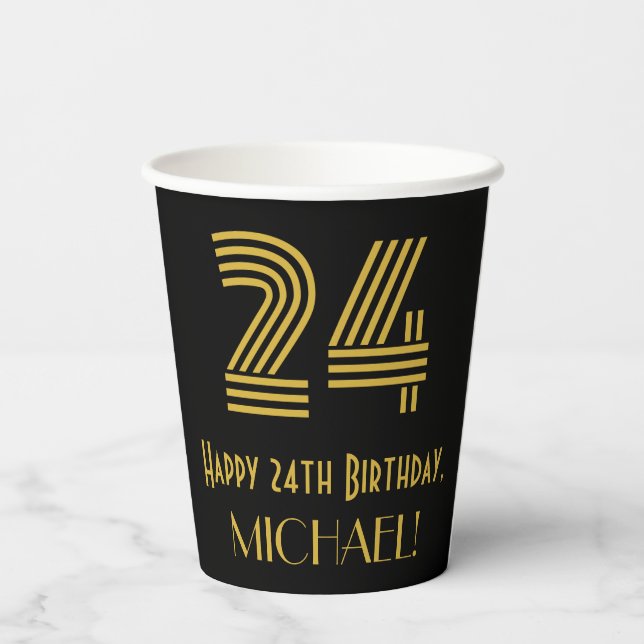 24th Birthday: Art Deco Inspired Look “24” & Name Paper Cups (Back)