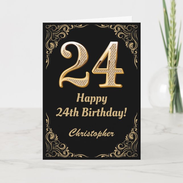 24th Birthday Black and Gold Glitter Frame Card (Front)