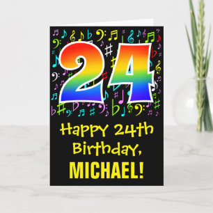 24th Birthday: Colorful Music Symbols + Rainbow 24 Card