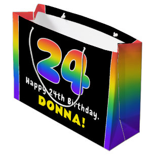 24th Birthday: Colorful Rainbow # 24, Custom Name Large Gift Bag