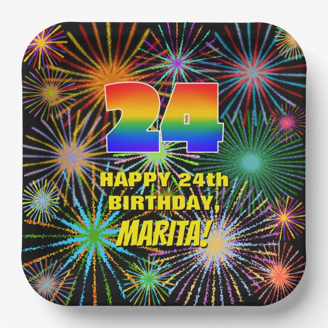 24th Birthday: Colourful, Fun Celebratory Firework Paper Plate (Front)