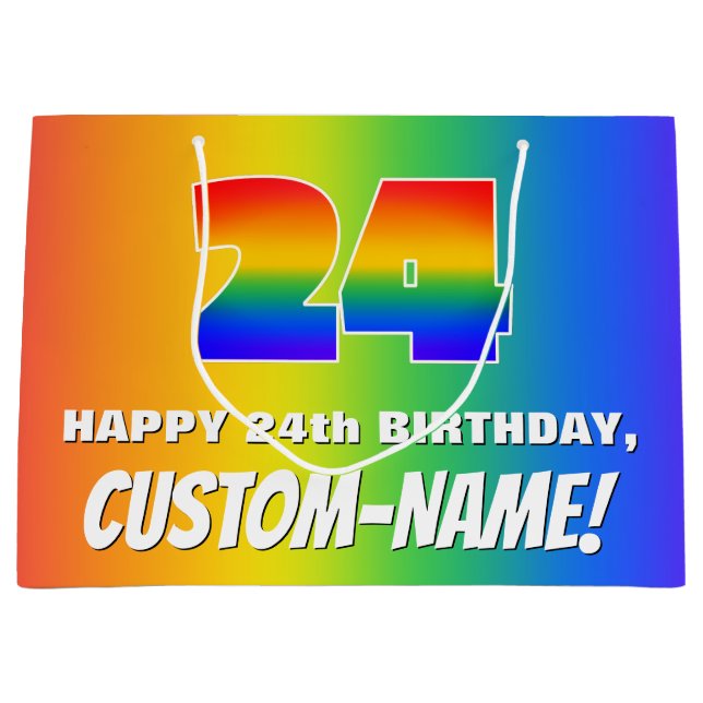 24th Birthday: Colourful, Fun Rainbow Pattern # 24 Large Gift Bag (Front)