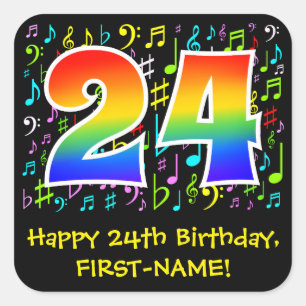 24th Birthday: Colourful Music Symbols, Rainbow 24 Square Sticker