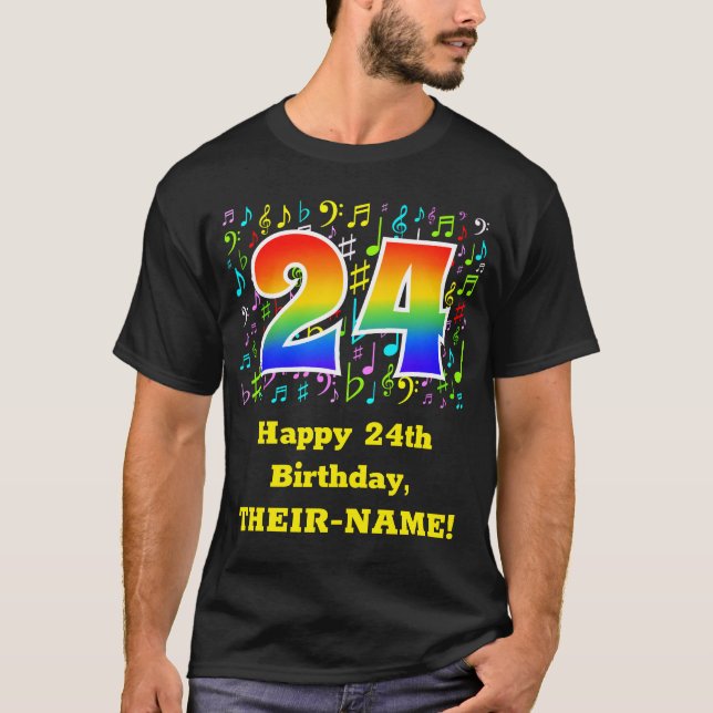 24th Birthday: Colourful Music Symbols, Rainbow 24 T-Shirt (Front)