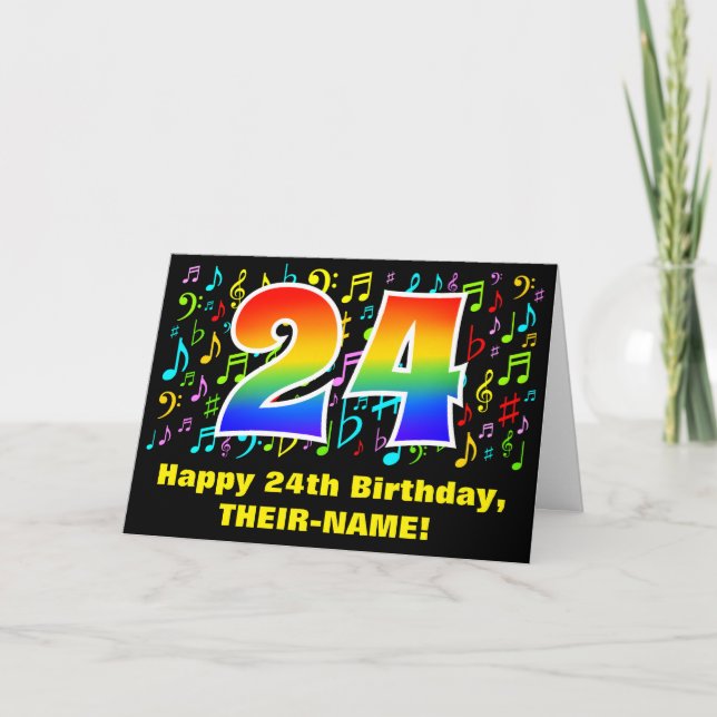 24th Birthday: Colourful Music Symbols & Rainbow 2 Card (Front)