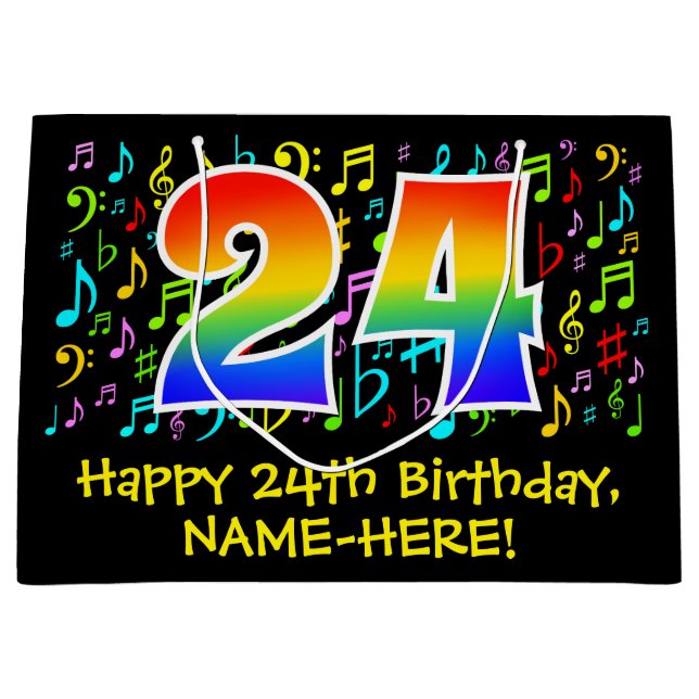 24th Birthday - Colourful Music Symbols, Rainbow 2 Large Gift Bag (Front)