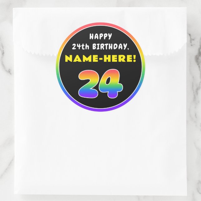 24th Birthday: Colourful Rainbow # 24, Custom Name Classic Round Sticker (Bag)
