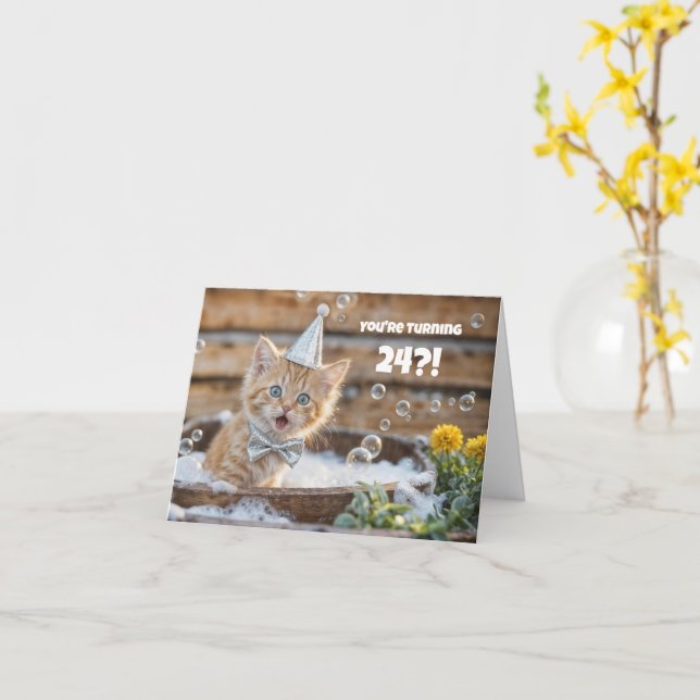 24th Birthday Cute and Funny Kitty in a Tub Card (Yellow Flower)