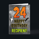 24th Birthday: Eerie Halloween Theme   Custom Name Card<br><div class="desc">The front of this scary and spooky Hallowe’en themed birthday greeting card design features a large number “24”. It also features the message “HAPPY BIRTHDAY, ”, and a custom name. There are also depictions of a bat and a ghost on the front. The inside features a customised birthday greeting message,...</div>