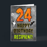 24th Birthday: Eerie Halloween Theme   Custom Name Card<br><div class="desc">The front of this scary and spooky Hallowe’en themed birthday greeting card design features a large number “24”. It also features the message “HAPPY BIRTHDAY, ”, and a custom name. There are also depictions of a bat and a ghost on the front. The inside features a customised birthday greeting message,...</div>