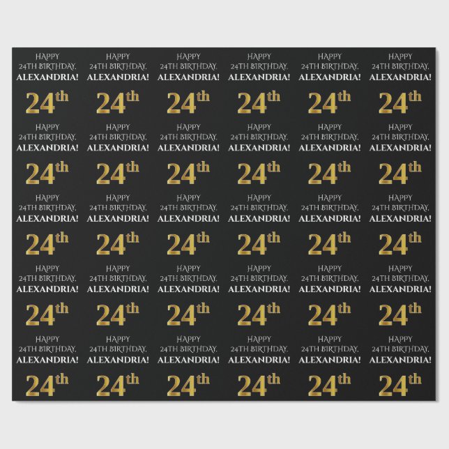 24th Birthday: Elegant, Black, Faux Gold Look Wrapping Paper (Flat)