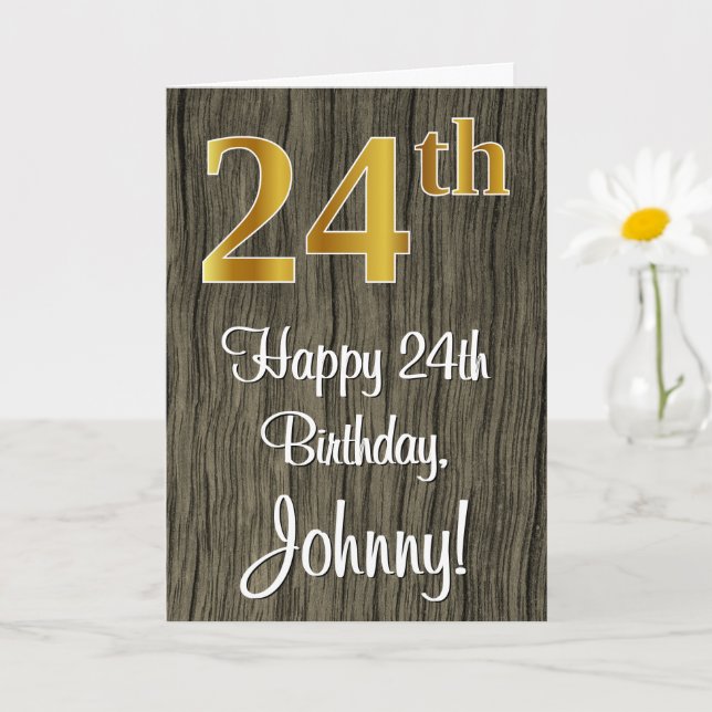 24th Birthday: Elegant Faux Gold Look #, Faux Wood Card (Small Plant)